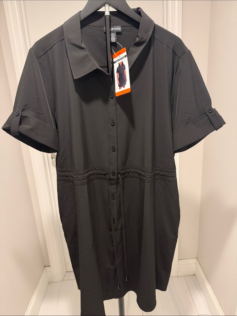Halston Heritage Black Button-Down Midi Shirt Dress with Drawstring Waist
